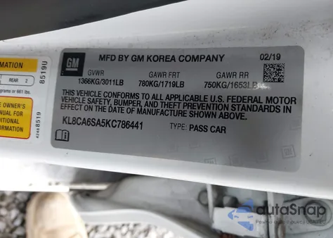 2019 Chevrolet Spark Ls Manual из США, поврежденный, VIN KL8CA6SA5KC786441